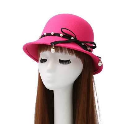 Mode Australische Wollen Fedora Hoed Strik Parel Hanger Noble Bowler Hoeden Voor Vrouwen Wide Brim Formele Kerk Cloche Hoed: 4