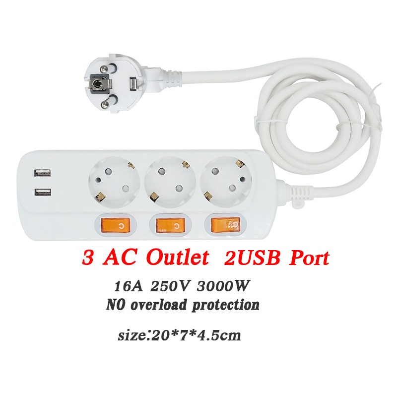 EU PLUG 1.5/2.5m 2/3/6 Extension Socket 250V 10A/16A Individually Switched Power Strip 3AC 2USB Outlets Charger Adapter Socket: EU PLUG L1.5M / 3 SOCKET 2USB