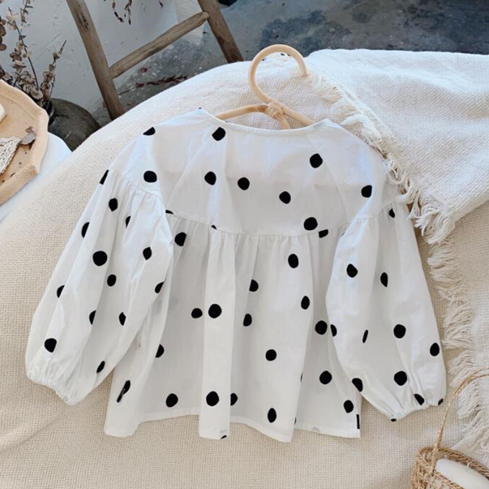 Tops y blusas de manga abombada de lunares para niñas, ropa coreana para niños pequeños, primavera