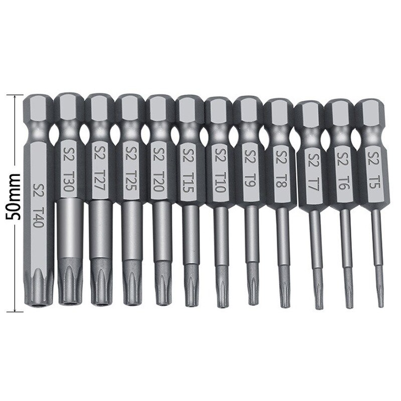 11Pcs 12Pc 50/75/100mm Security Bit Set Tamper Proof Screwdriver Drill Bit Screw Driver Bits Torx Flat Head 1/4" Hex Driver Bits: 12Pcs-50mm
