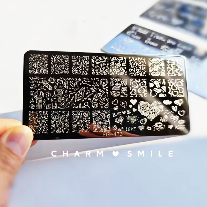 Placas de estampado de uñas con personajes de dibujos animados, amor, Día de San Valentín, estampado de hojas de flores, arco, corazón, plantillas de sellos para uñas, herramientas de decoración de uñas: Plata