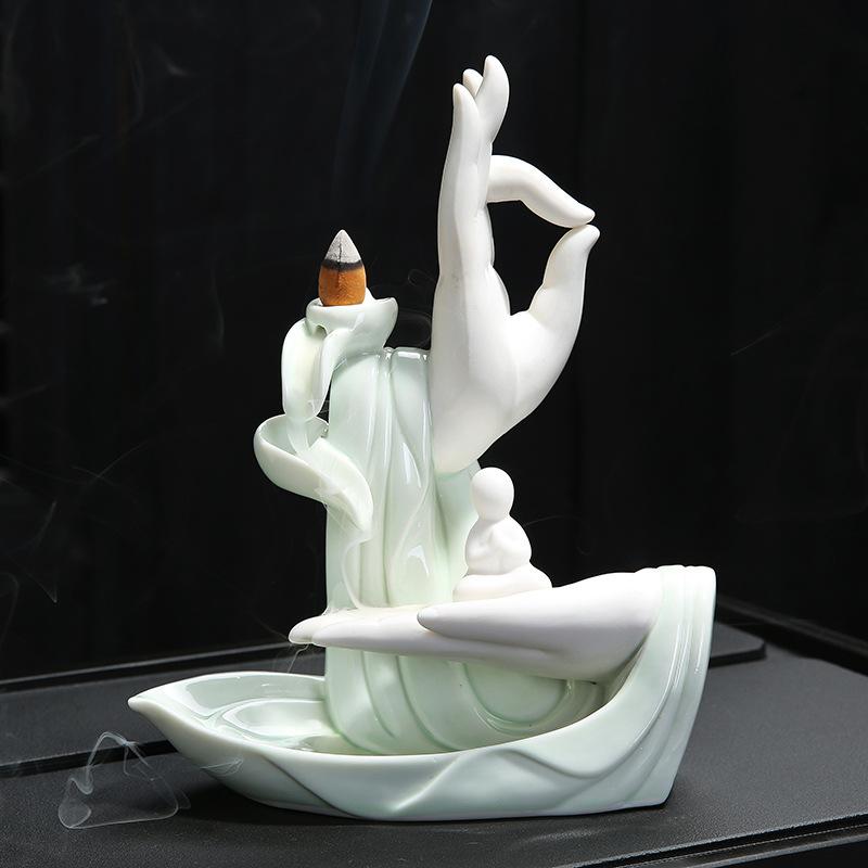 Buda de cerámica blanco quemador de incienso de mano cascada de humo soporte de incienso flor de loto palo incensario decoración budista: 2
