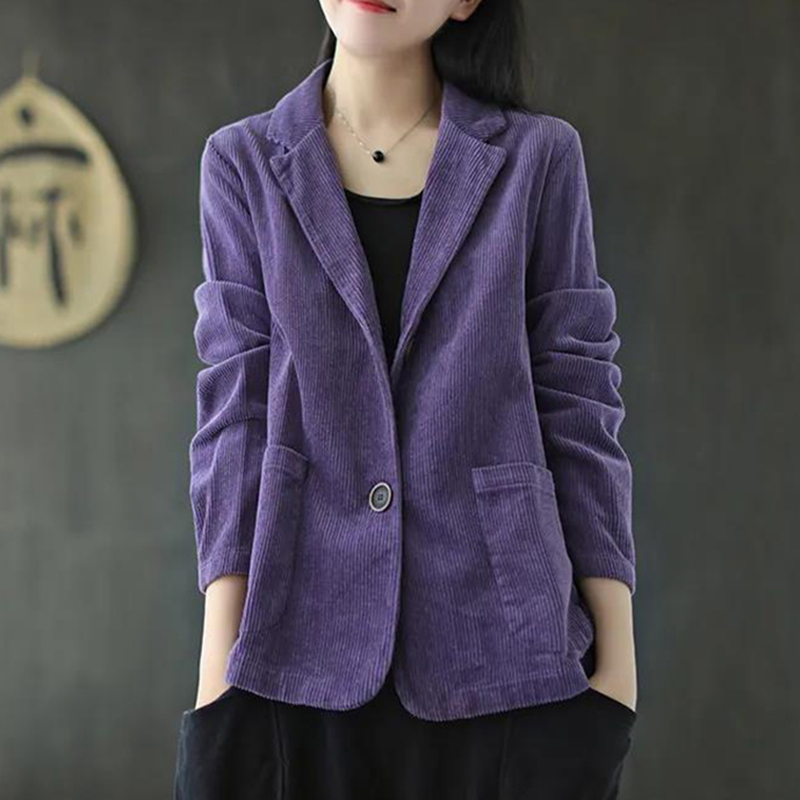 Fløjlsjakke dame vintage basis klassisk blazer knaplomme frakke ensfarvet løs afslappet high street kontor dame forår efterår top