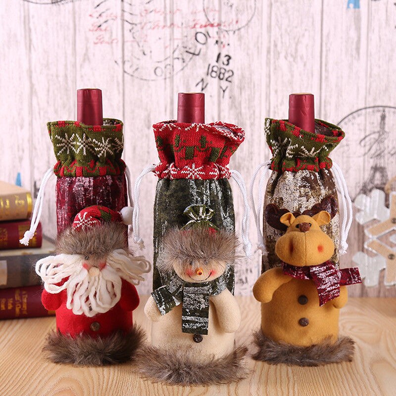 Christmas Santa Sneeuwpop Elanden Wol Blend Wijn Fles Schort Cover Wrap Xmas Etentje Tafel Decoratie