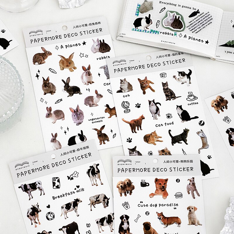 Kawaii Stickers aesthetic animal Sticker cat dog cow Cute Decorative Adhesive Diy Diary Album Stationery Supplies
