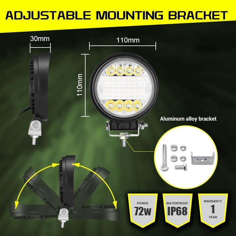 Car LED Work Lights Bar Off Road 72W Light Beam 4.4inch Combo Additional Fog Light for SUV ATV Boat Tractor Working Light ramp