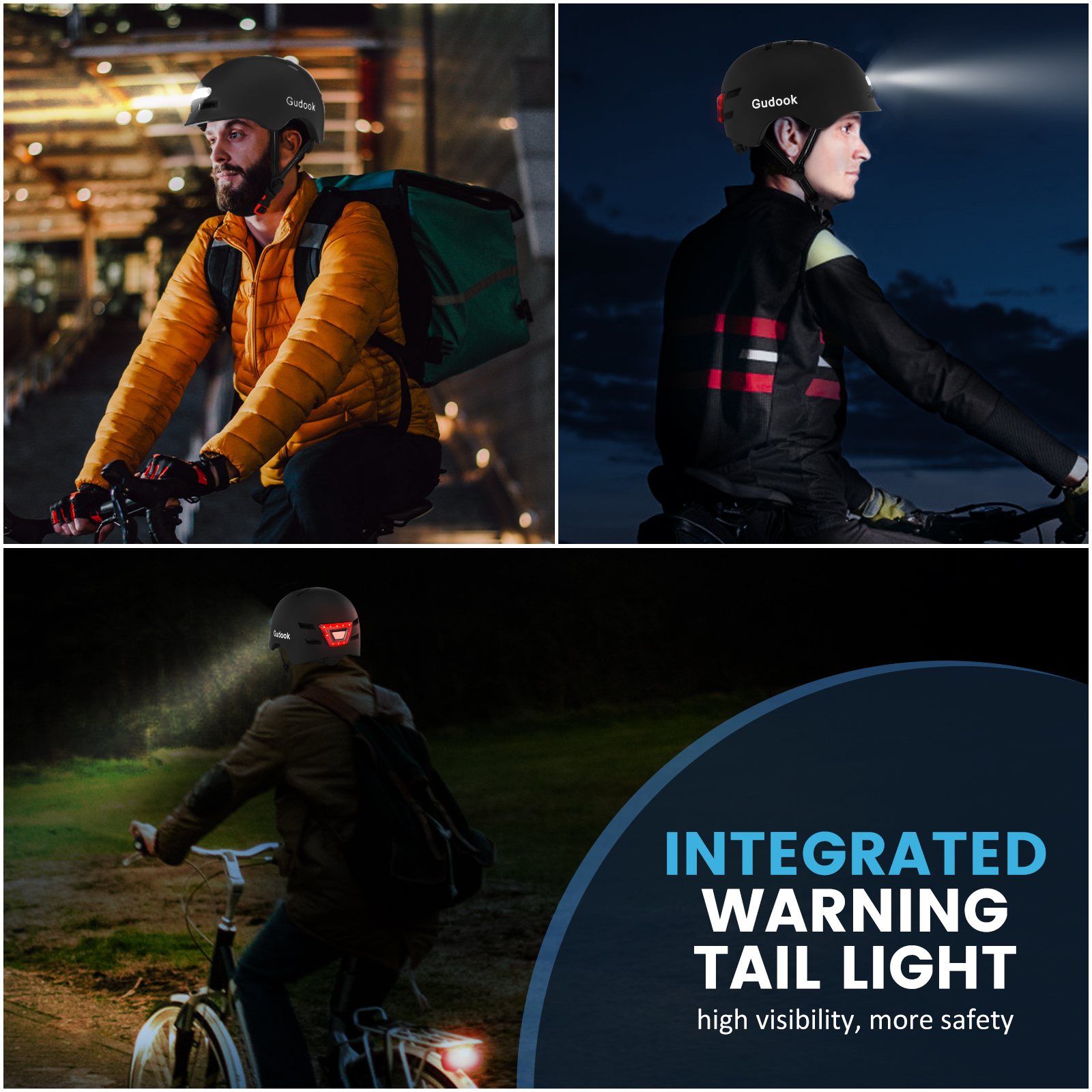 GUDOOK Adult Bike Helmet with Light - Bicycle Helmets Men - Women - Front and Back LED Lights for Scooter， Cycling, Skating