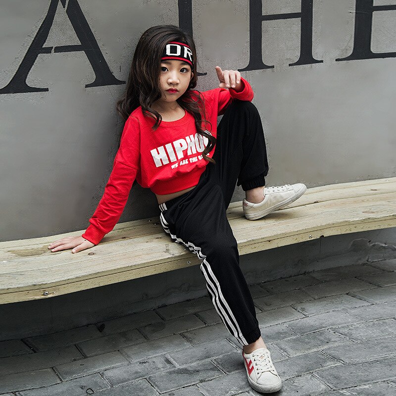 Meisjes Rode Lange Mouwen Jazz Hip Hop Dans Kostuum Losse Trui Cropped Tops Shirt Voor Kid Street Moderne Dansen Kleding dragen