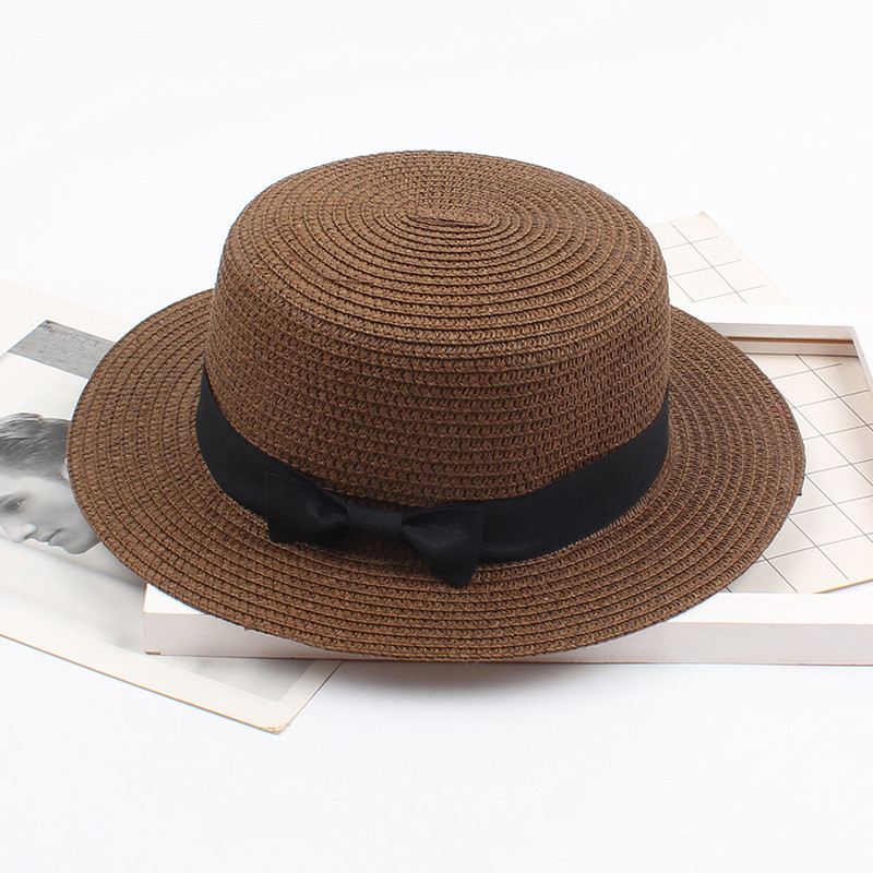 Bow Tie Straw Sun Hat Women Trilby Gangster Band Beach Cap Sun Hat Sun Protection Round Flat Top Beach Sun Hat Caps: Coffee