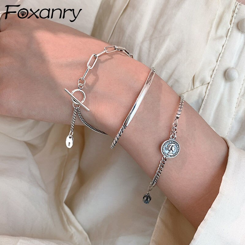 Foxanry 925 Sterling Zilveren Punk Ketting Armband Voor Vrouwen Mode Eenvoudige Vintage Handgemaakte Partij Sieraden