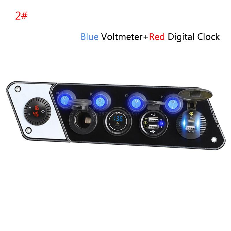 Multifunctional RV Phone Charger 12-24V PD QC3.0 Charging Socket with Voltmeter Digital Clock with 4 Switch: 2