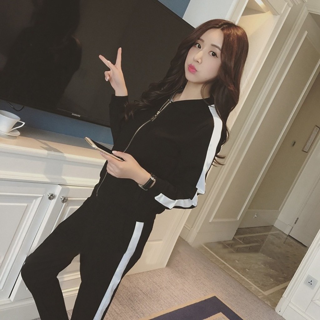Traje casual de mujer ropa deportiva de manga larga dividida conjunto de 2 piezas pantalones largos traje de chándal Casual de mujer ropa deportiva # D