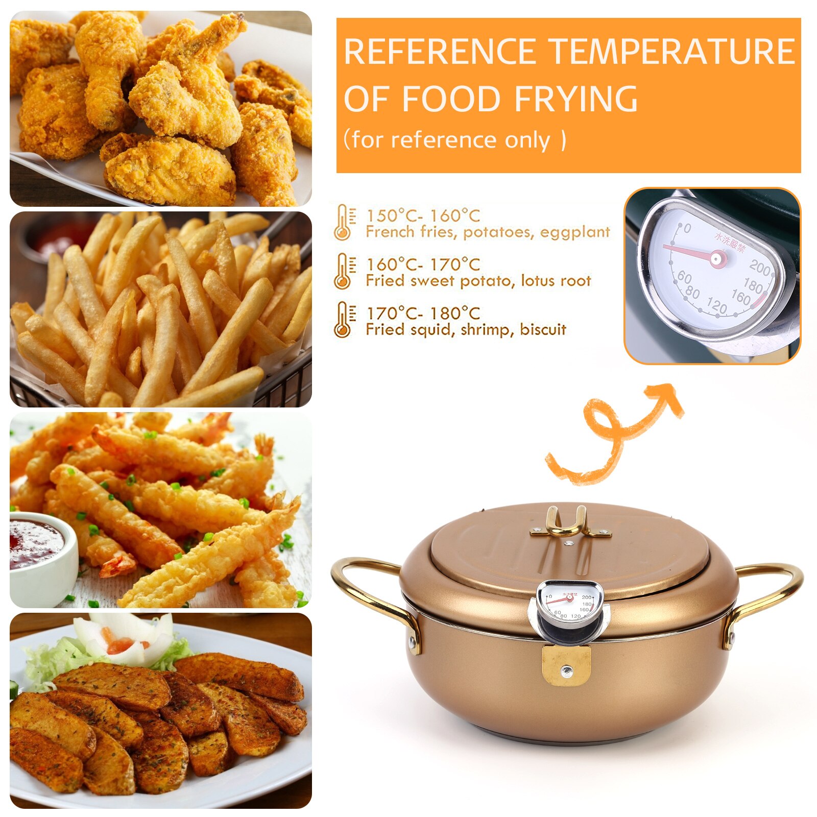 Freidora de estilo japonés de acero inoxidable 304, olla con termómetro de tapa para el hogar, patatas fritas, pescado, suministro de cocina, 20cm, 24cm