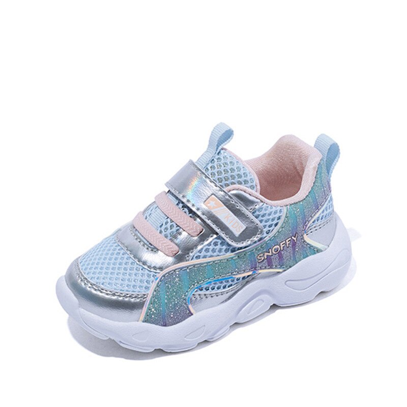 Nuevas zapatillas deportivas de primavera para niños, zapatillas de negras para niñas, zapatillas de deporte casuales con brillo para niños, zapatillas deportivas de malla para niños pequeños: Plata / 9.5