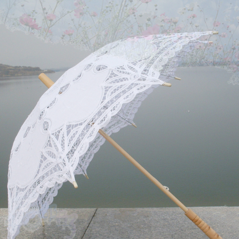 80cm victoriansk blonde broderi bryllup paraply brude parasol, hvid