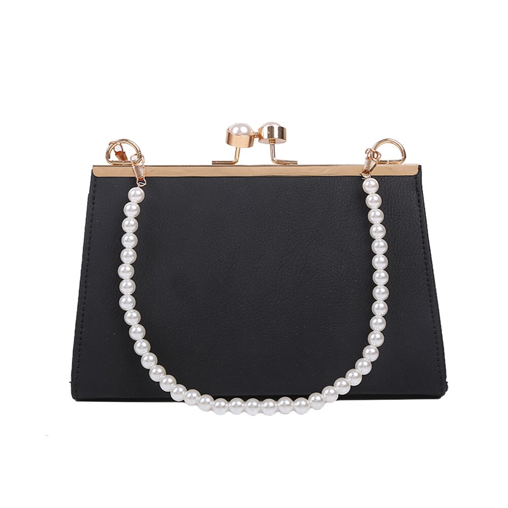 Casual PU Leather Clip Women's Shoulder Bags Pearl Handle Ladies Evening Clutch Purse Simple Solid Color Handbags: Black