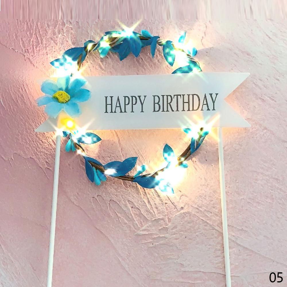 Golden Silvery Happy Birthday Cake Topper With LED Light Garland Letters Resuable Topper Cupcake Dessert Decor Party Supplies: Blue 01