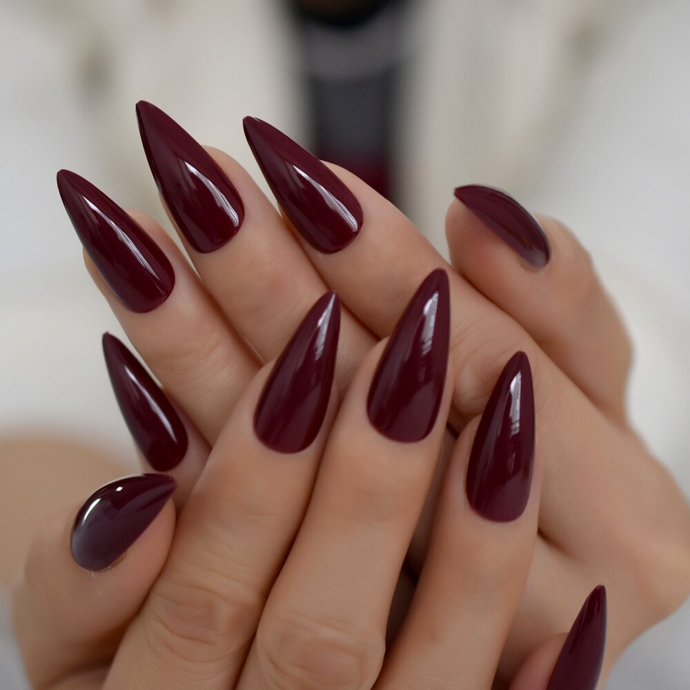 Faux ongles bordeaux à pointe pointue, en acrylique, pour Salon, couverture complète avec autocollant gelée, 24 pièces