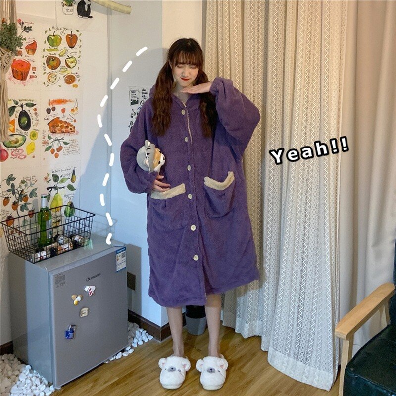 Autumn and Winter Onesie Women Girlfriends Cute Hooded Nightgown Sweet Romper: Nightgown B