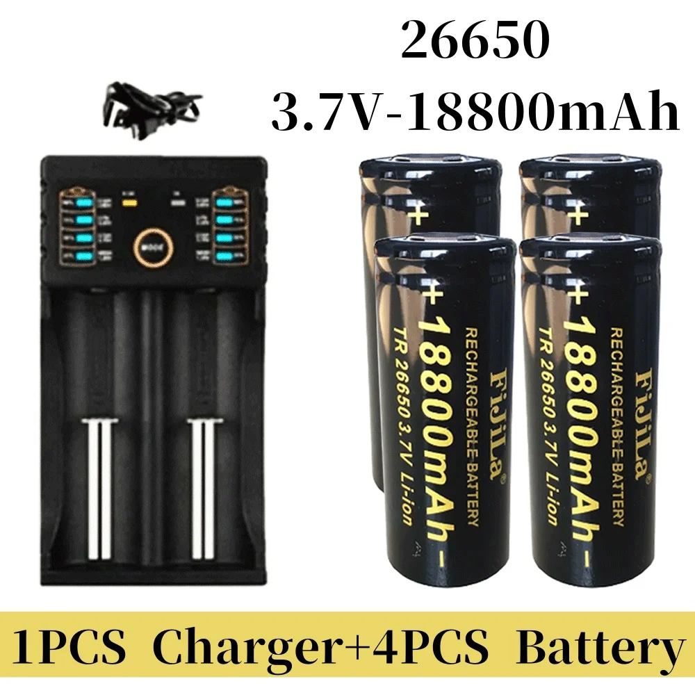 26650 3,7 V 18800 mAh batterij Hoge capaciteit 26650 50A Power batterij Lithium-ion oplaadbare batterij voor speelgoedzaklamp + oplader: Goud
