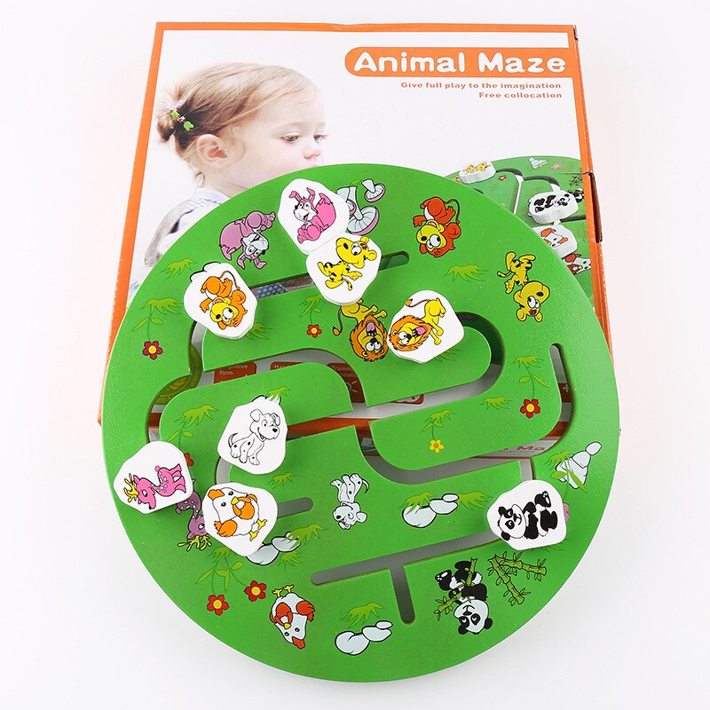 Træ legetøj labyrint sød sjov pædagogisk tidlig læring labyrint dyr / frugt / nummer-krop-match labyrint til børn