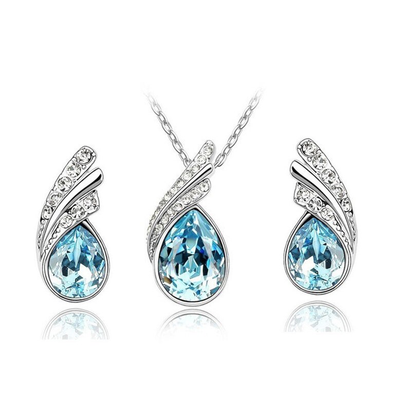 Frauen Hochzeit Silber Schmuck Set Kristall Ohrring Halskette Anhänger Strass Neue Anzug Ohr Stud Waterdrop: Sky Blue