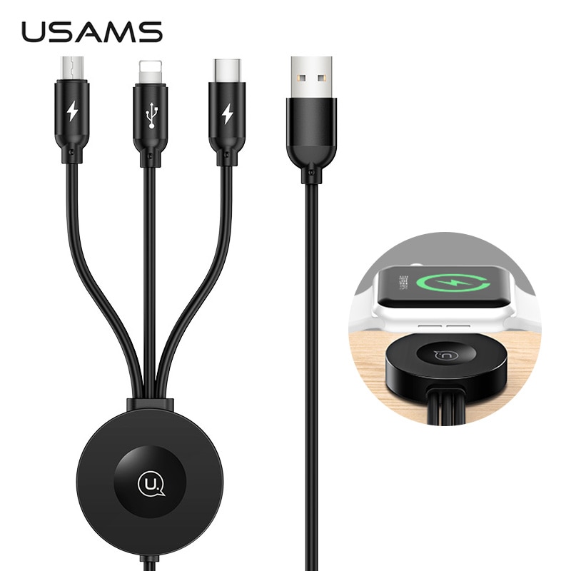 USAMS Qi Draadloze Oplader voor Apple Horloge Serie 5 4 3 2 1 4 in 1 USB Opladen Data Kabel voor iPhone USB Type C Micro Usb-kabel