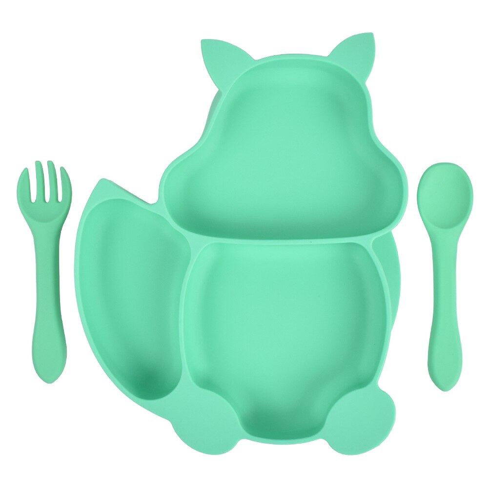 Baby Feeding Set Blue Silicone Suction Plate Squirrel Shape Self Feeding Training Stay Put Plate Soft Spoon Fork Dish Kit: 4