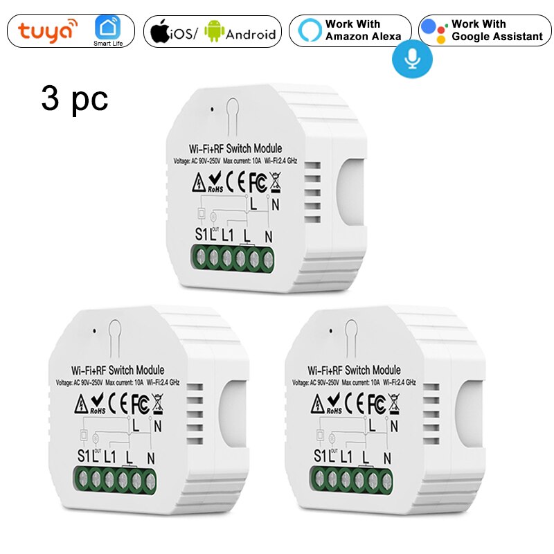 Mini DIY WiFi RF433 Smart Light Switch Module Relay Tuya Smart Life Voice Control 1/2 Way Wall Switch Breaker Alexa Google Home: 3pcs