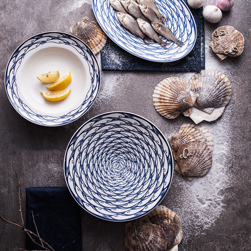 8 Inch Ceramic Dinner Plates Round Fish Printed On-glazed Porcelain Steak Pasta Desserts Cute Dishes &amp; Plates 1 Piece