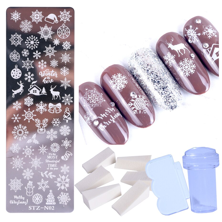 Pochoir pour ongles en dentelle, motifs de fleurs, papillons, feuilles, images d'animaux, tampons, grattoir, éponge, Kit d'outils BESTZN01-12: STZ-N02 Stamper Set