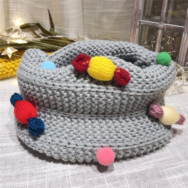 Höst vinter pojkar tjejer halsduk baby barn halskrage färgglad pompom godis halsduk varm tjock stickad ull barn o ring halsdukar: Grå