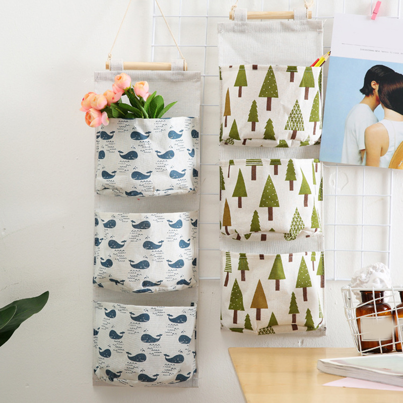 Wall Mounted Storage Bag with 3 Pockets Linen Fabric Waterproof Wall Door Closet Hanging Organizer for Bedroom Bathroom LBS