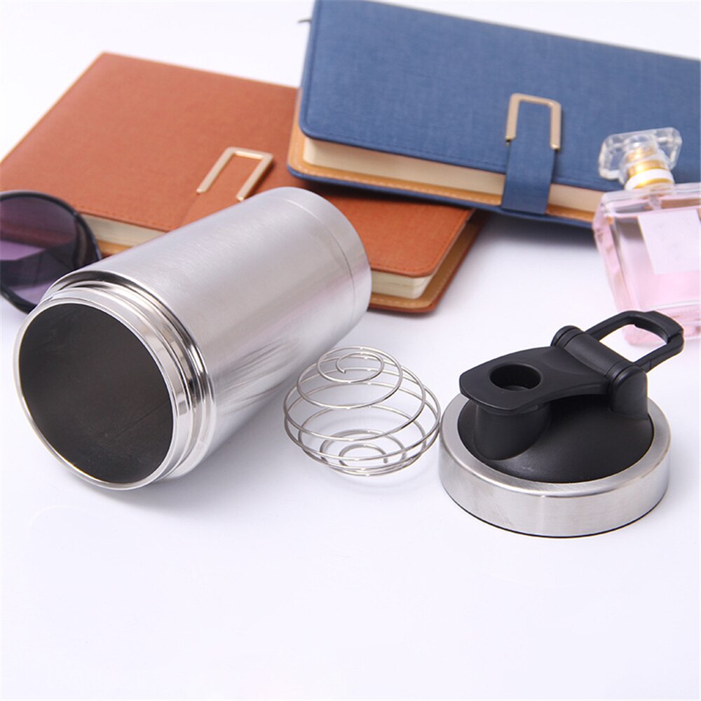 Shake glass to prevent leakage Stainless Steel Sport Water Bottle Protein Milkshake Shaker Cup + Shaking Ball