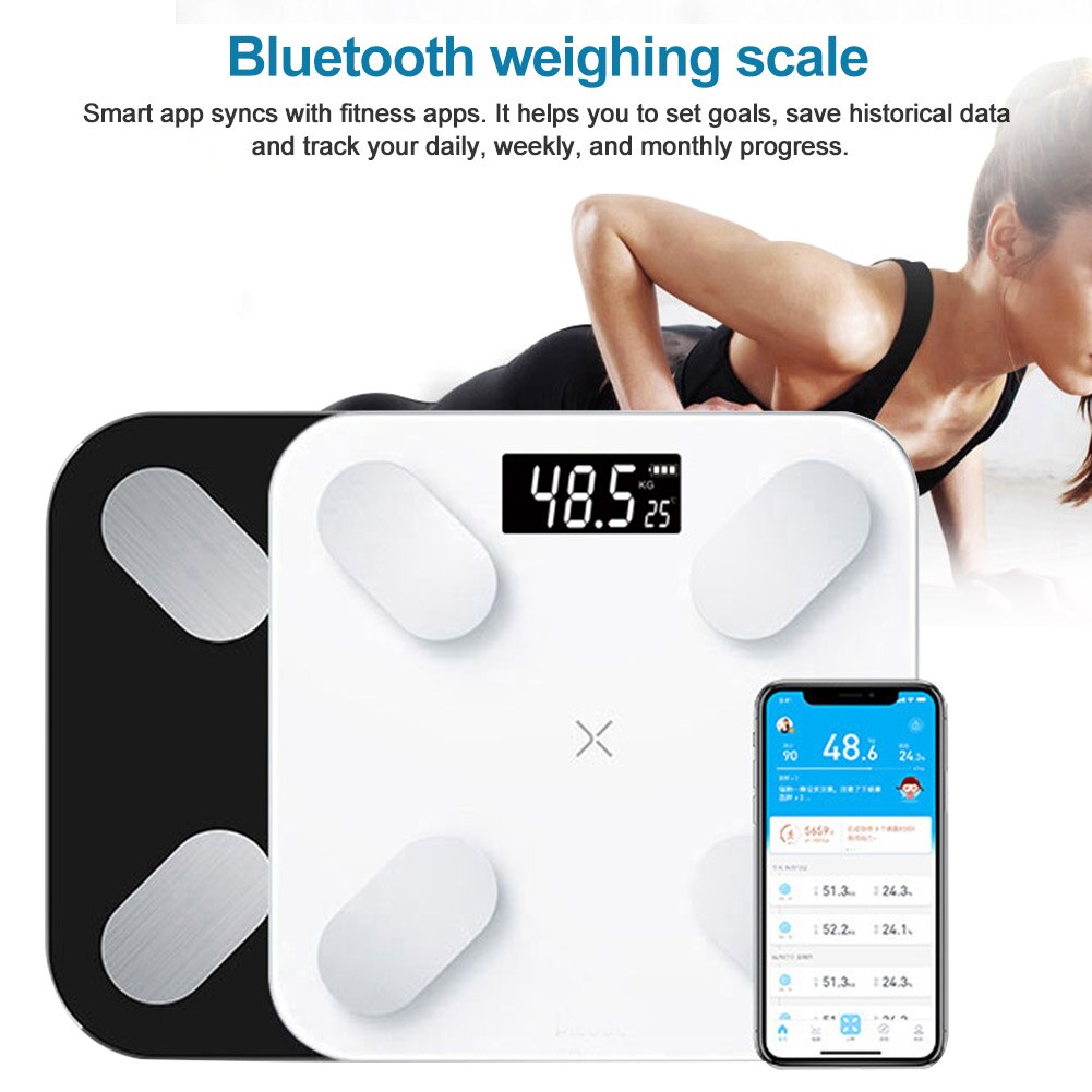 Bluetooth lichaamsvetweegschaal met smartphone-app, digitaal display, draadloos, oplaadbaar, compositie-analysator, thuis, slim