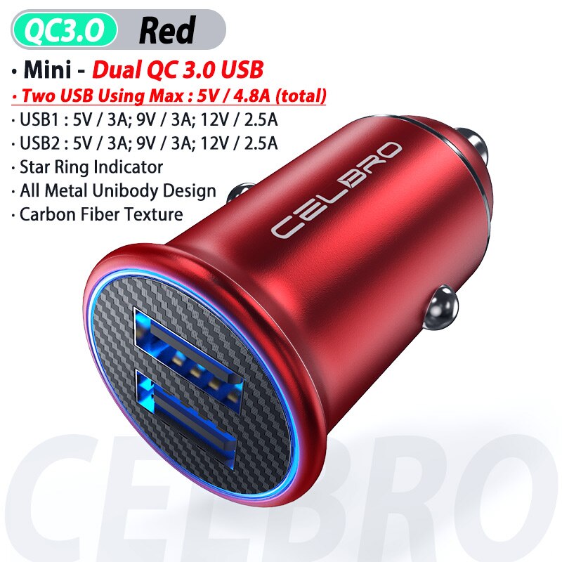 Carcharger de carga rápida del teléfono móvil del cargador del coche QC 3,0 2,0 adaptador USB Dual USB de carga rápida 3,0 para Xiaomi Samsung Huawei: Red Dual QC 3.0