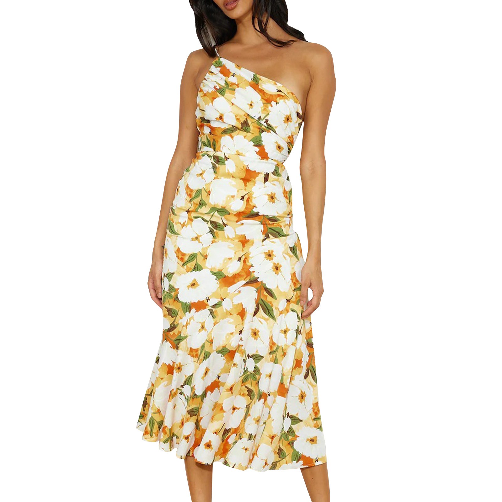 Stilvolles Fischschwanz kleid mit schrägem Hals riemen elegantes Kleid mit exquisiter Farbe und Blumenmuster: L / YELLOW