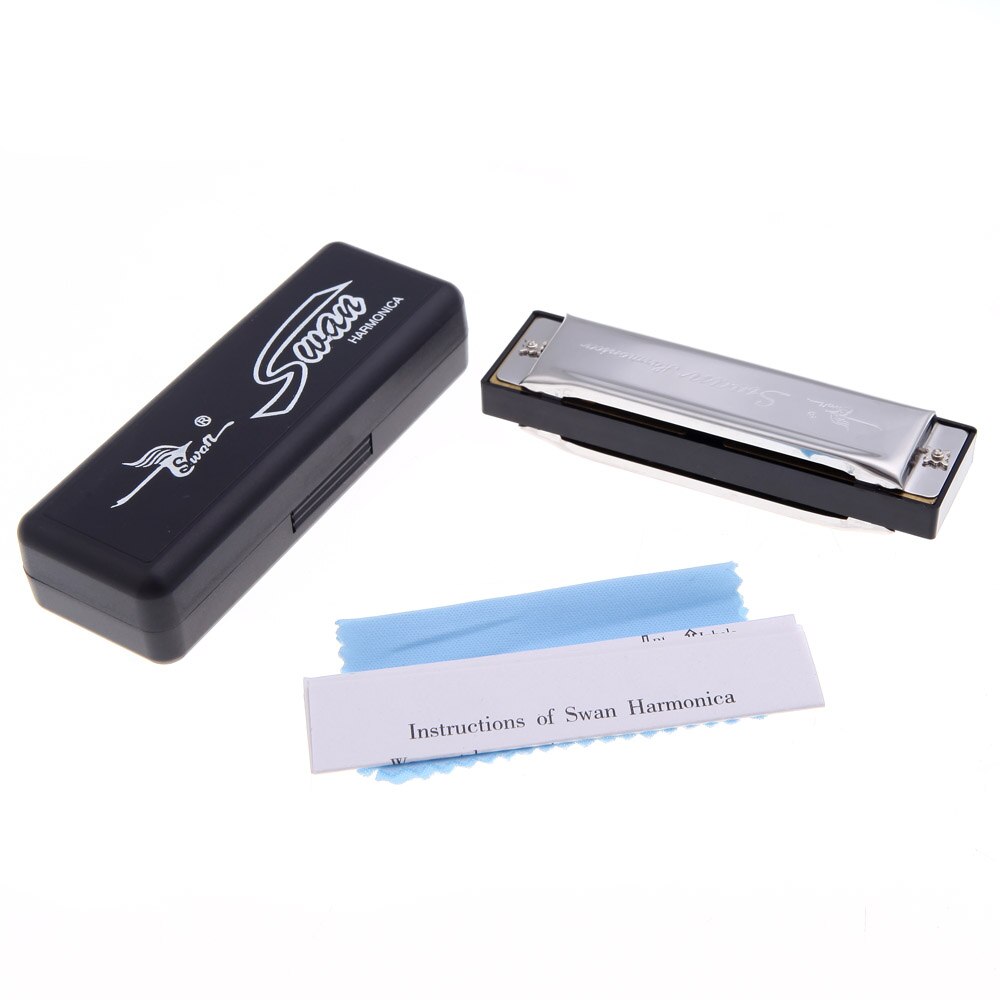 Swan Diatonic Harmonica G Key 10 Holes Blues Harp Mouth Organ Key of G Reed Instrument with Case Silver