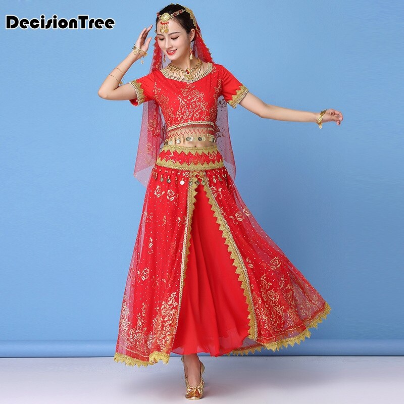 vêtements de danse femmes performance indien sari tenue bollywood danse du ventre costumes ensemble haut + ceinture + jupe + voile + casque