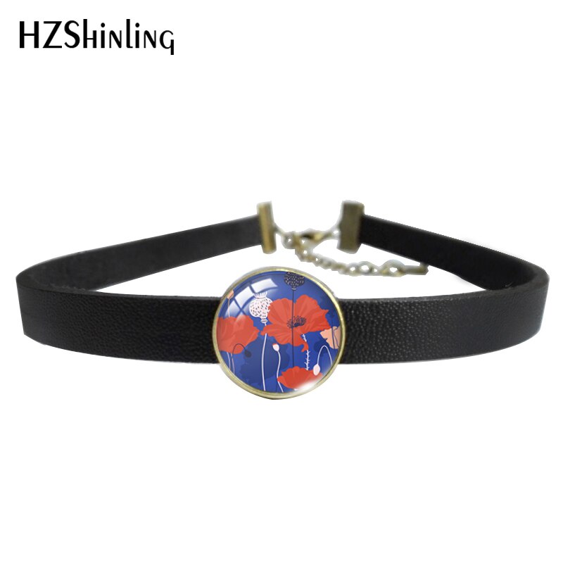Flower Poppies Leather Choker Necklace Glass Cabochon Dome Pendants Necklace Jewelry: 4 / Black