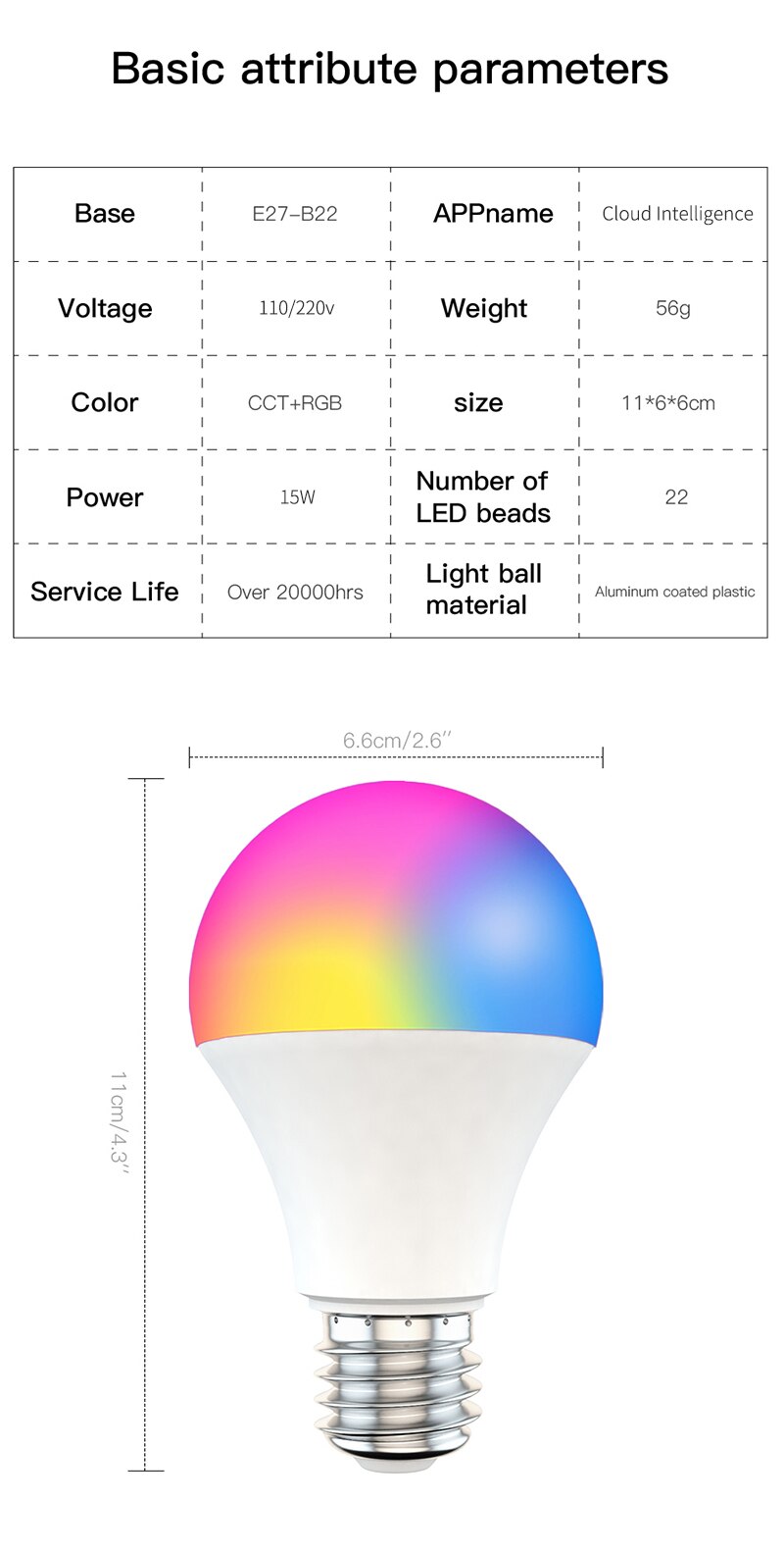 Smart WiFi Dimming Light Bulb 15W RGB+CCT TImer Voice Control Work With Alexa Google Home Smart Color Changing Light Bulb
