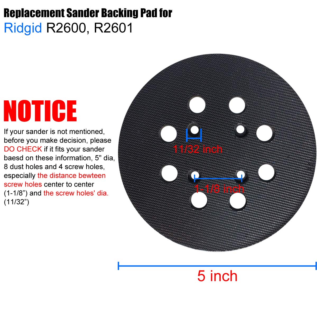 5 Inch Hook and Loop Replacement Backing Pad 8 Holes For Ryobi RS290, RS241, RS 280/RS280VS, RS281VS, P411 Random Orbit Sander