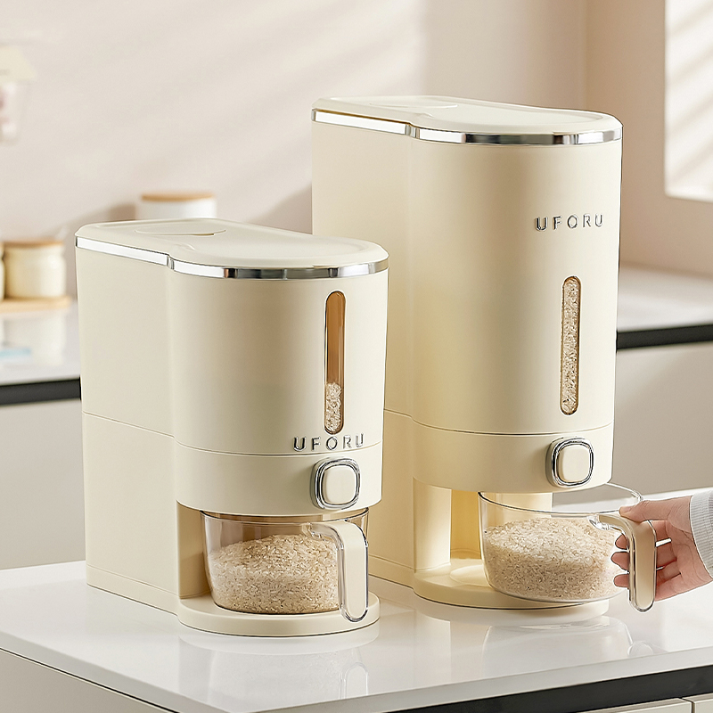 UFORU-barril de arroz blanco crema para el hogar, cubo de almacenamiento de alimentos para perros y gatos, caja de almacenamiento de granos grandes tipo prensa, suministros de cocina