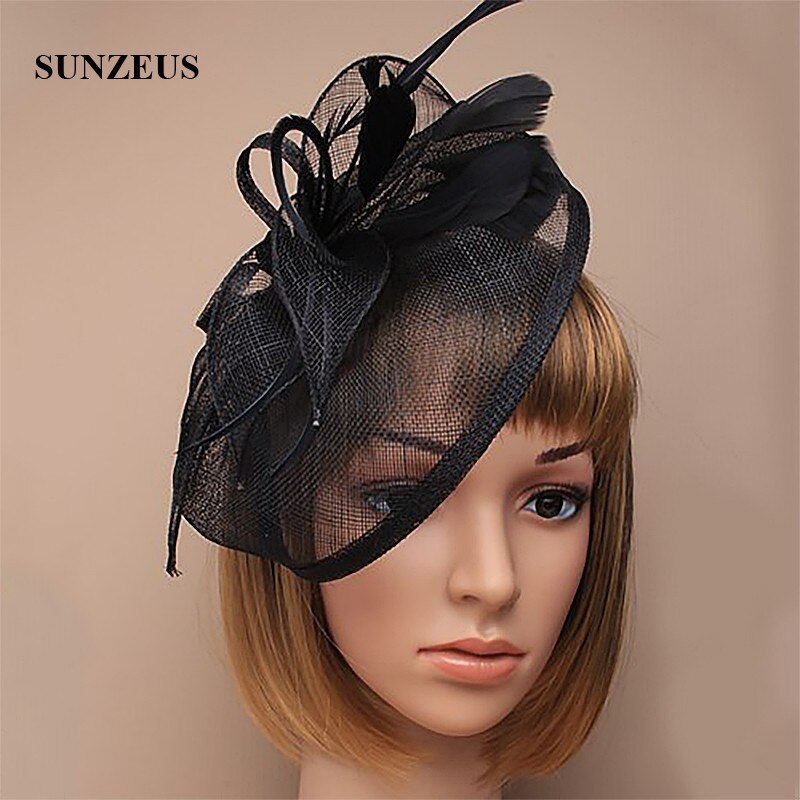 Sombreros y tocadores de boda con plumas de lino, sombreros de novia elegantes de Color dorado, sombrero de mujer, accesorios para el cabello SH13: Negro