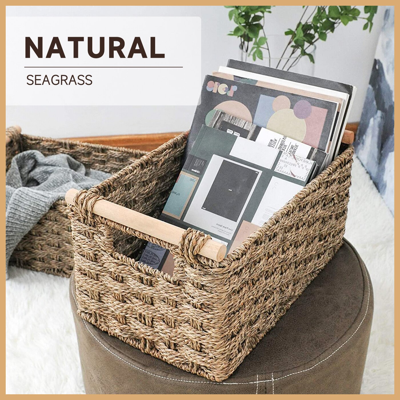 Bathroom Accessories Organizer Storage Baskets Water Hyacinth Cosmetic Makeup Wicker Wooden Handles Hand-Woven Kitchen Organizer