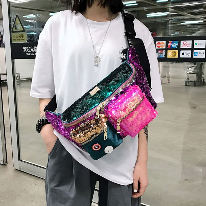 Sequins Hip hop Fanny pack For Women Waist Bag Large capacity Crossbody Chest Bags Female Waist Belt Bag Waist pack