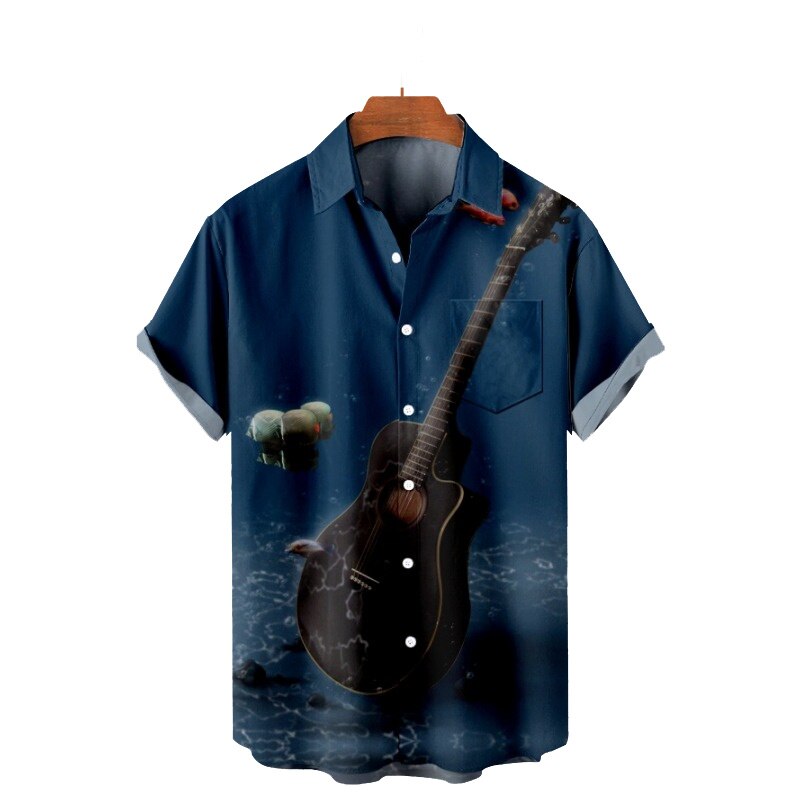 Camisa de manga corta con solapa para hombre, Top con bolsillos, estampado 3D de guitarra en alta mar, talla grande, 2022