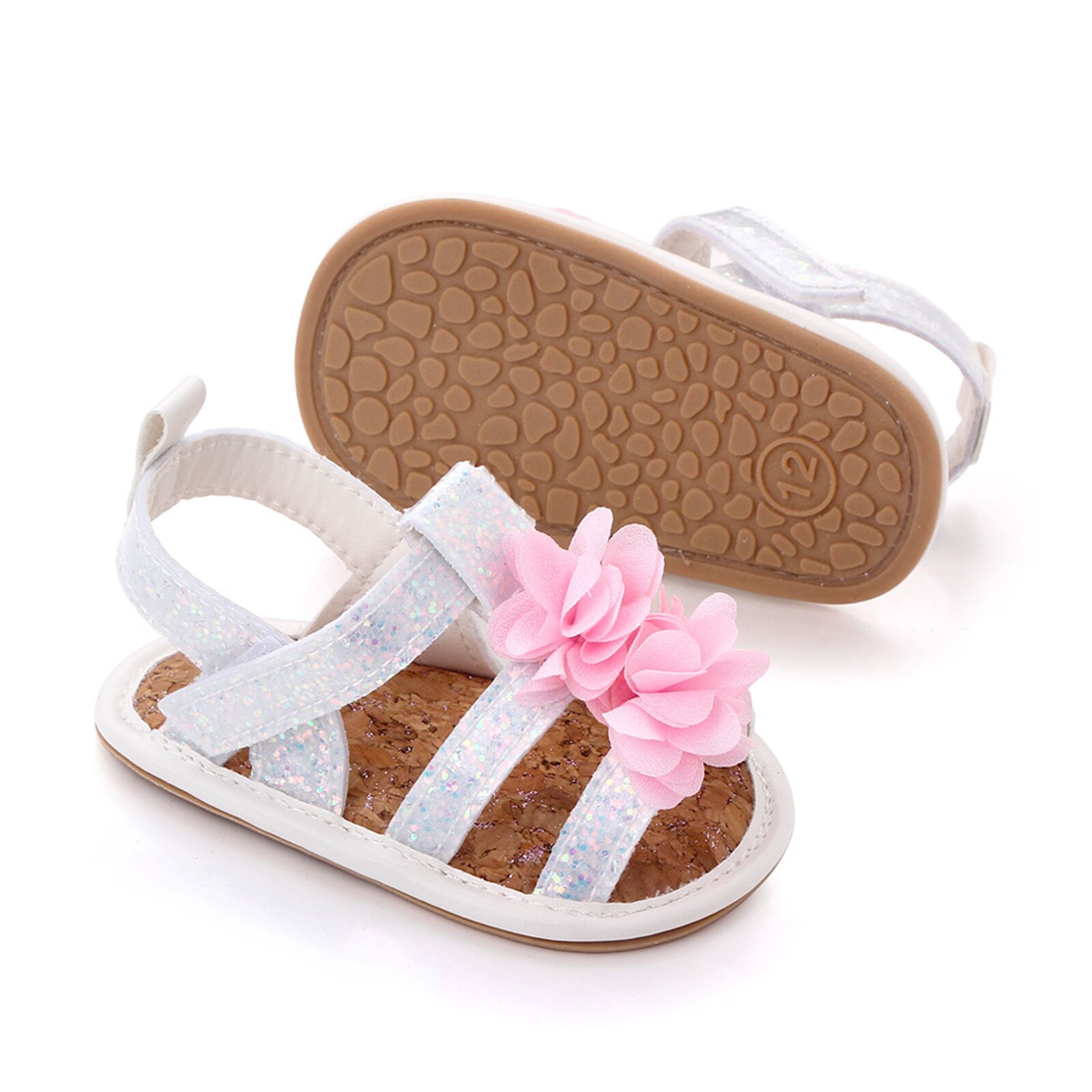 Baby Anti-Slip Platte Schoenen, Bloem En Pailletten Patroon Zachte Zool Sandalen Voor Baby Meisjes, wit/Grijs/Roze