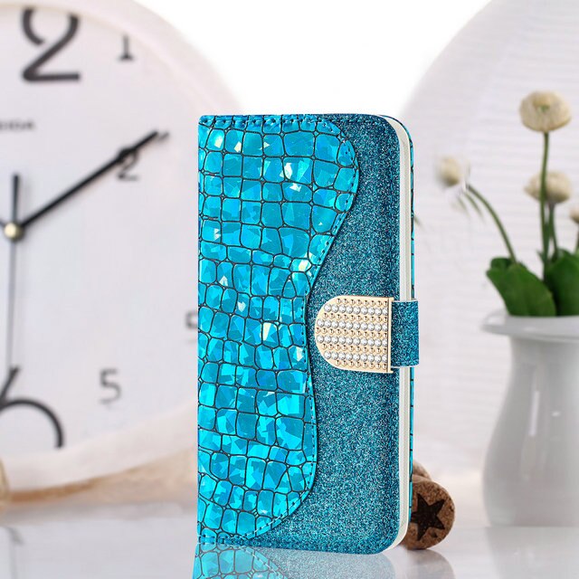 Funda con tapa para Huawei P Smart , carcasa inteligente con diamantes de imitación, cartera brillante para mujer, FIG-LX1: P Smart2019 (6.21in) / Azul