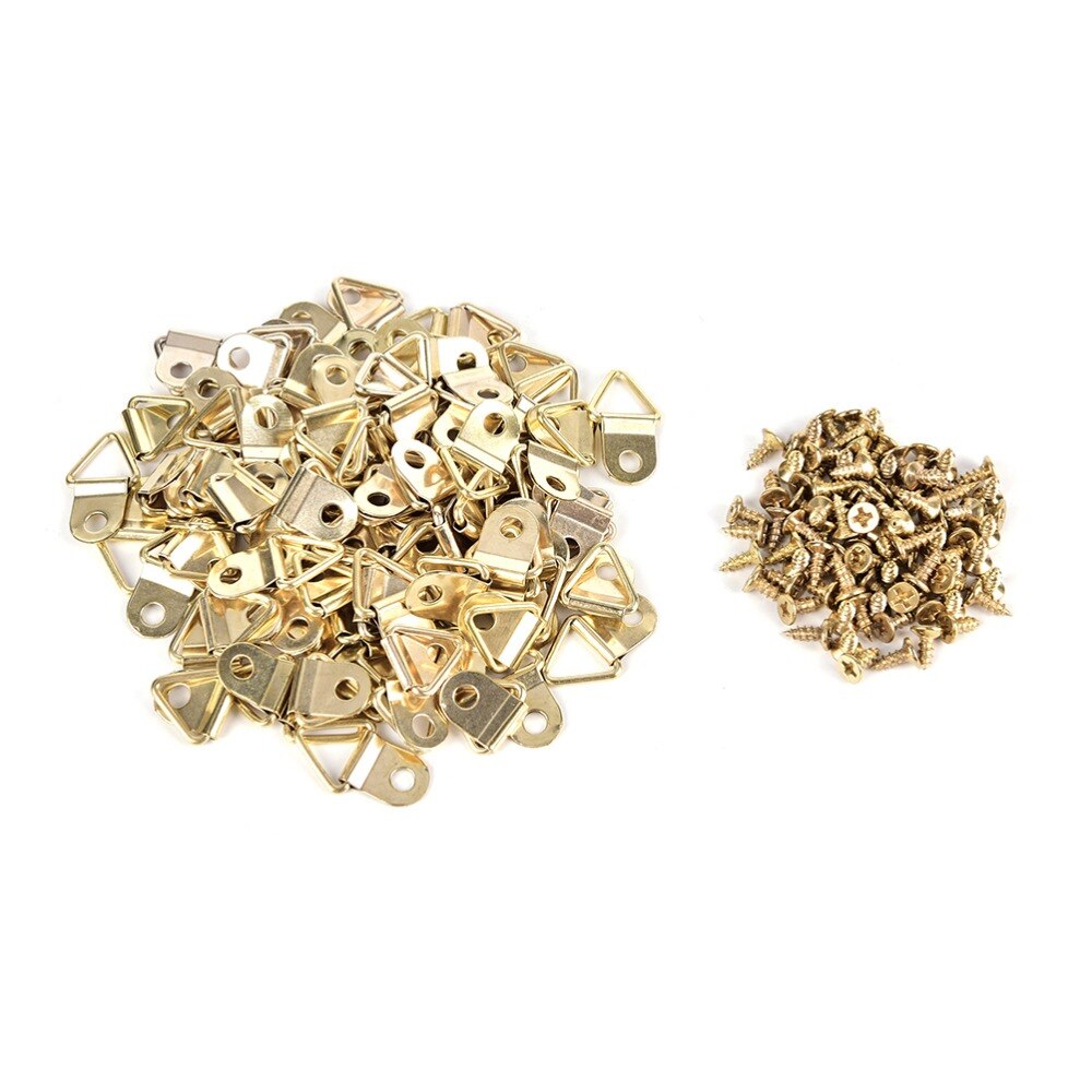 100 Set Foto Hanger Fotolijst Opknoping Driehoek D Ringen Gouden Fotolijsten Enkel Gat Hanger Haken Met Schroeven